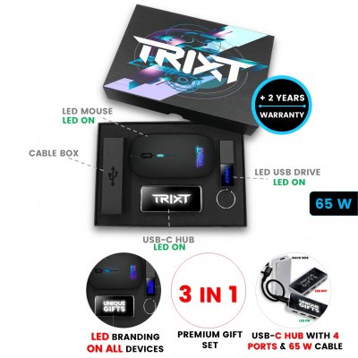 Gift set with LED logo, USB flash drive, USB hub and mouse