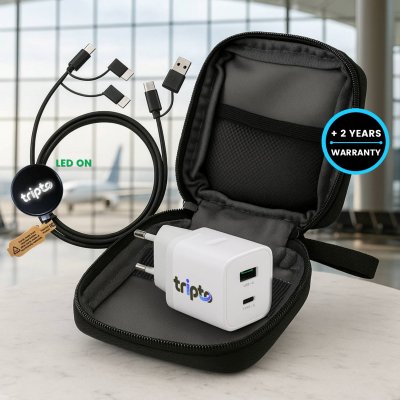 Small gift set with rPET organizer – 20 W EU plug adapter and 6-in-1 USB cable with LED logo