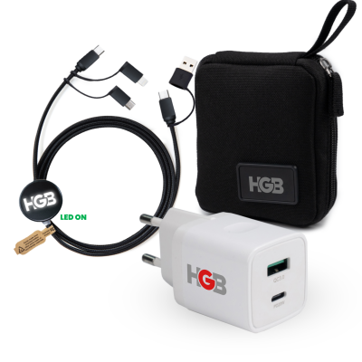 Small gift set with rPET organizer – 20 W EU plug adapter and 6-in-1 USB cable with LED logo
