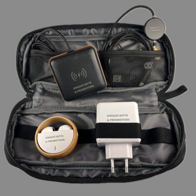 Gift set with rPET organizer – wireless earphones, 15 W wireless charger, adapter, 6-in-1 USB cable with LED logo
