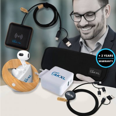 Gift set with rPET organizer – wireless earphones, 15 W wireless charger, adapter, 6-in-1 USB cable with LED logo