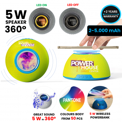 Wireless 5w speaker with 15 W wireless fast charging, power bank, LED + CMYK logo, custom colour
