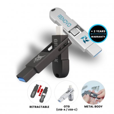 Metal OTG USB 2.0/3.0 flash drive with USB-C and USB-A