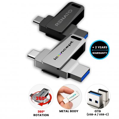 Metal rotating USB 2.0/3.0 flash drive with USB-C and USB-A