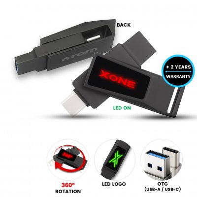 Metal rotating USB 2.0/3.0 flash drive CYBER, with USB-C, USB-A and LED logo