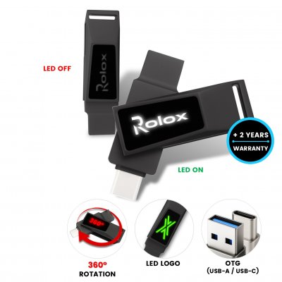 Metal rotating USB 2.0/3.0 flash drive with USB-C, USB-A and LED logo